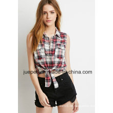 Sleeveless Selbst-Bindung Frauen Baumwoll-Plaid-Hemd